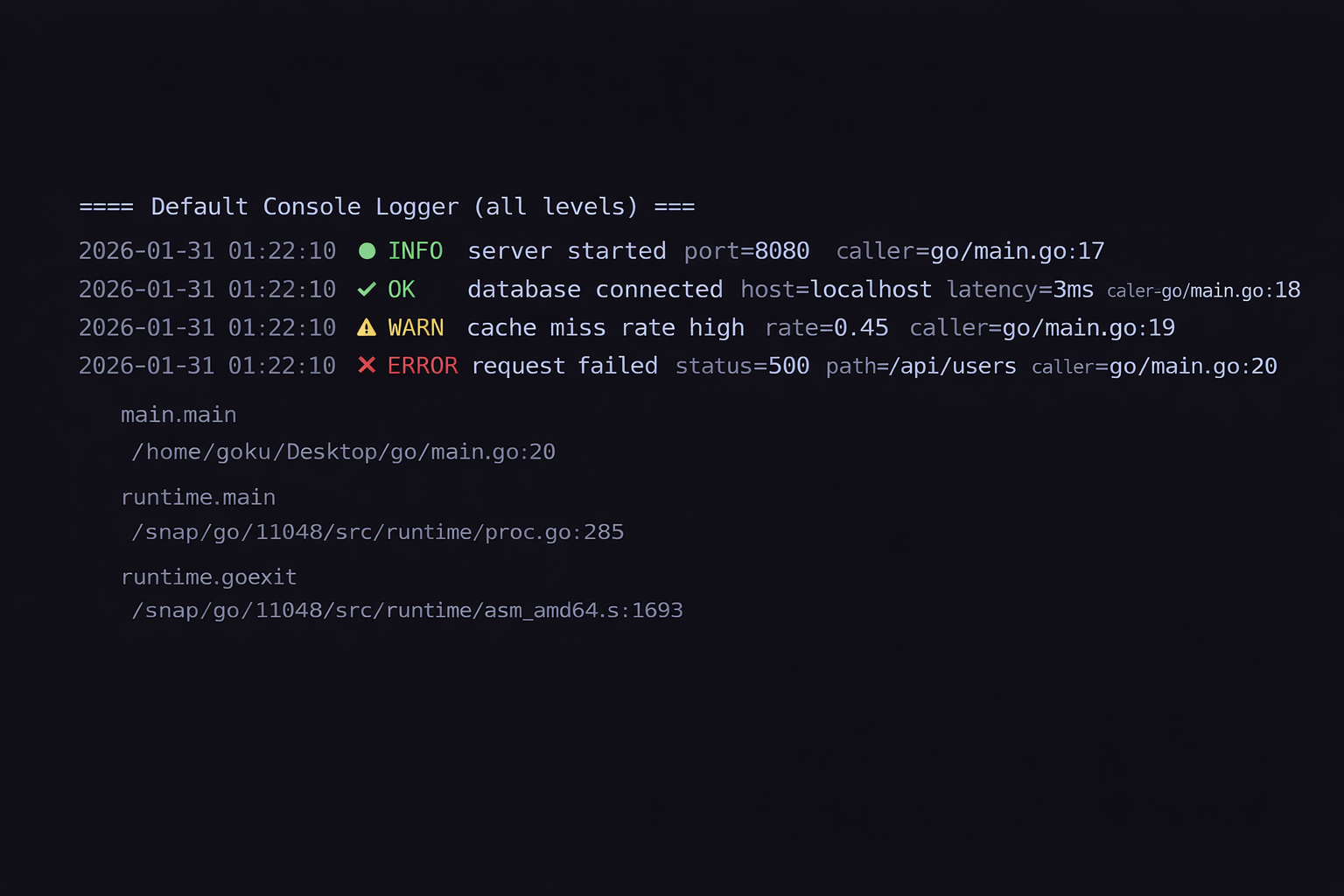 loghq - Go logging library console output showing colored log levels